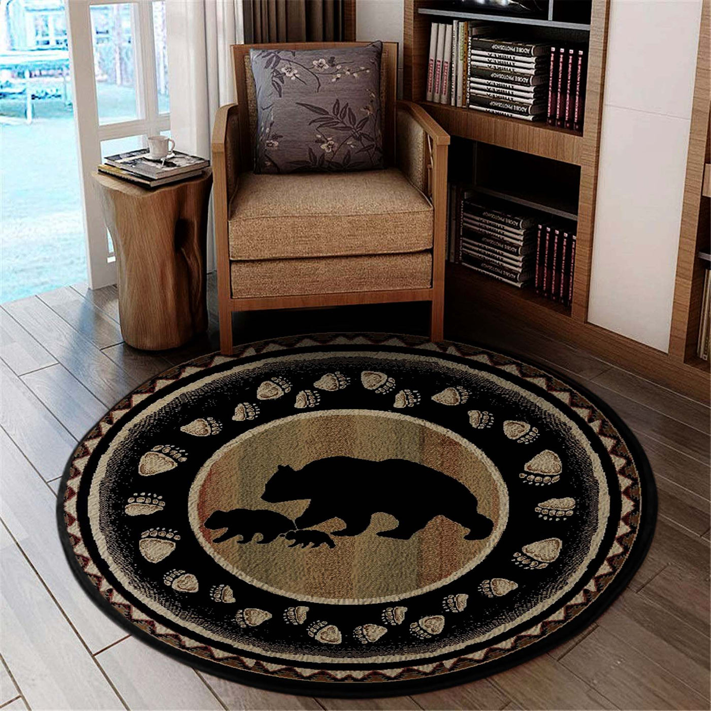 Black Bear Lodge Cabin Round Rug, Carpet - Bluefink