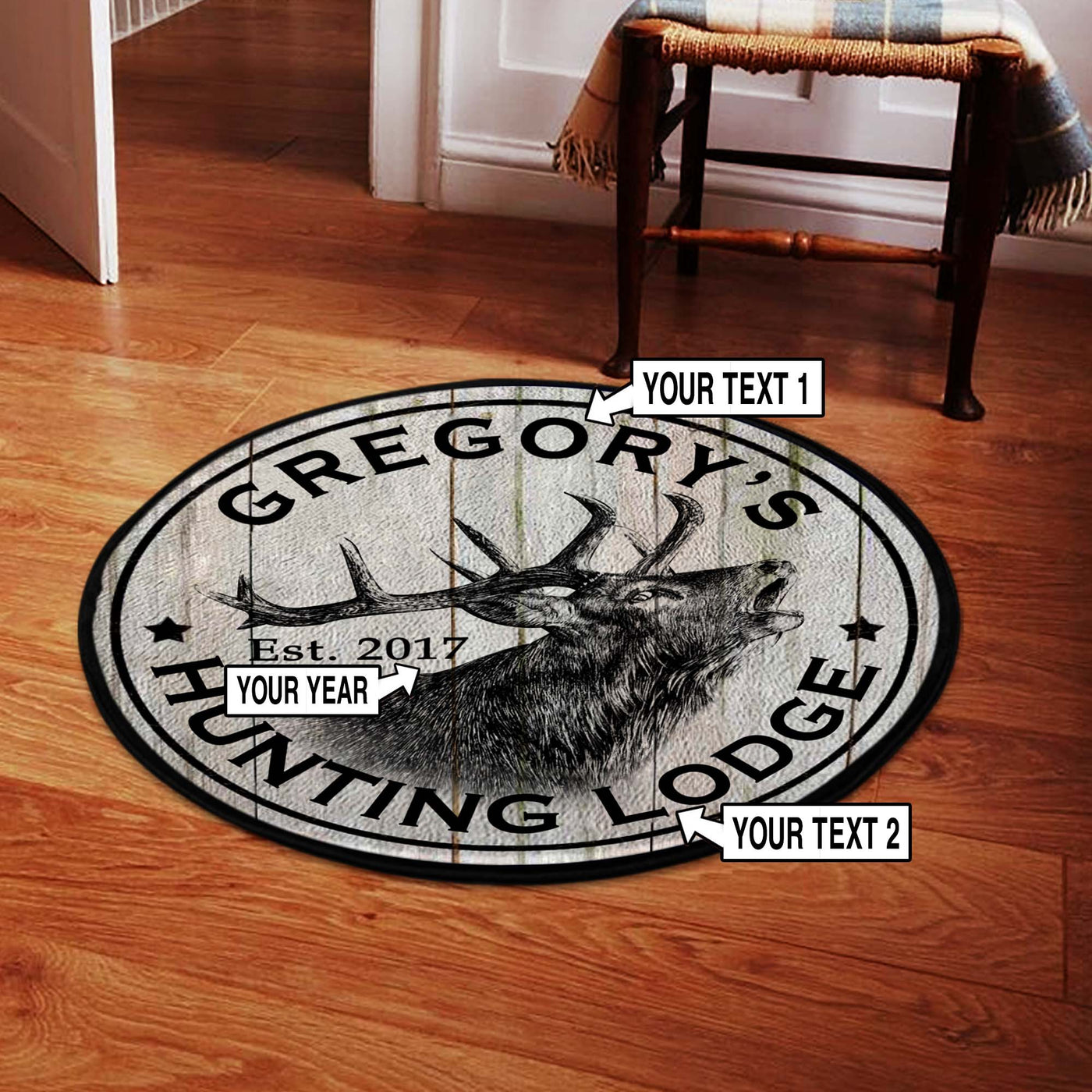 Deer Hunting Lodge Rustic Round Rug, Hunting Themed Carpet Bluefink